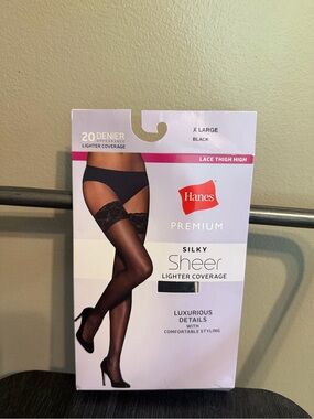 Hanes Premium Silky Sheer Lace Thigh High Stockings Black XL 20 Denier NIP